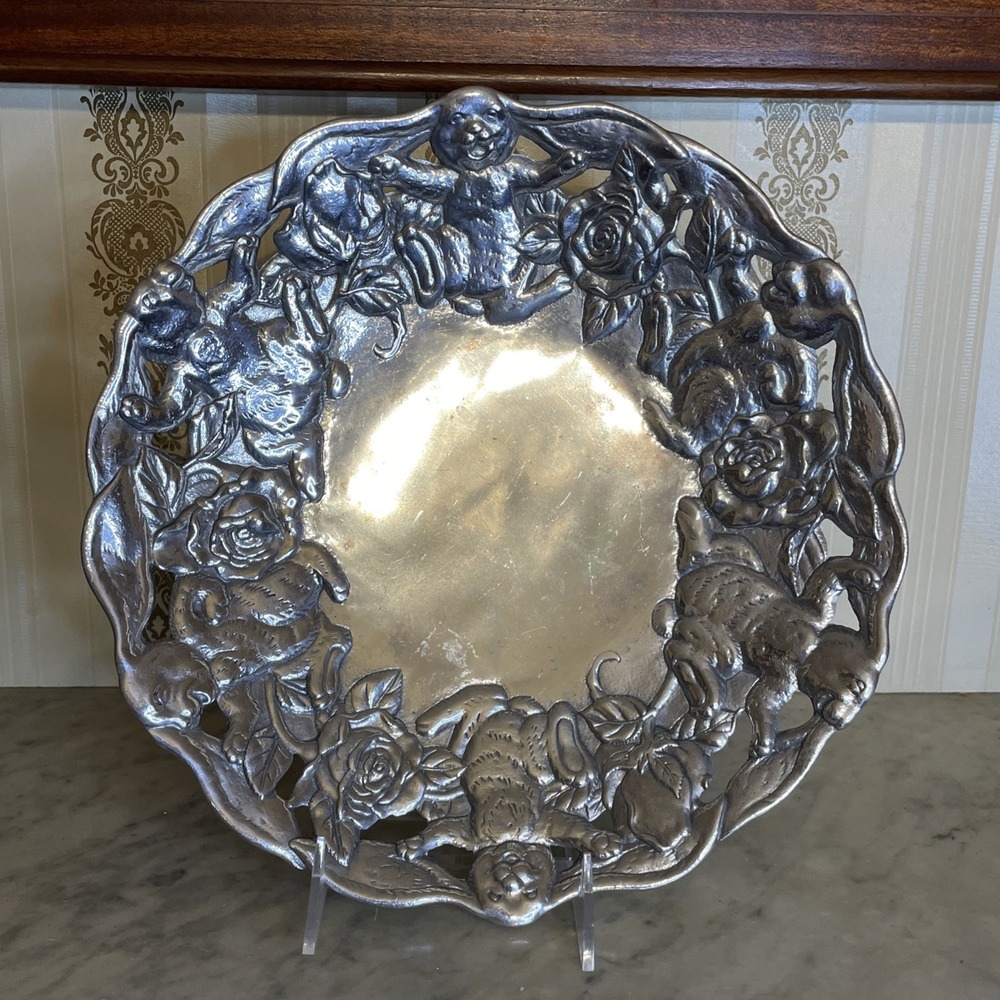 Vintage Arthur Court 1995 Metal Cast Aluminum Rabbit Rose Platter Bowl